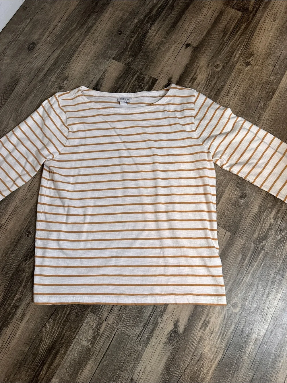 J. Crew Crewneck Long-Sleeve White Top with Tan Stripes